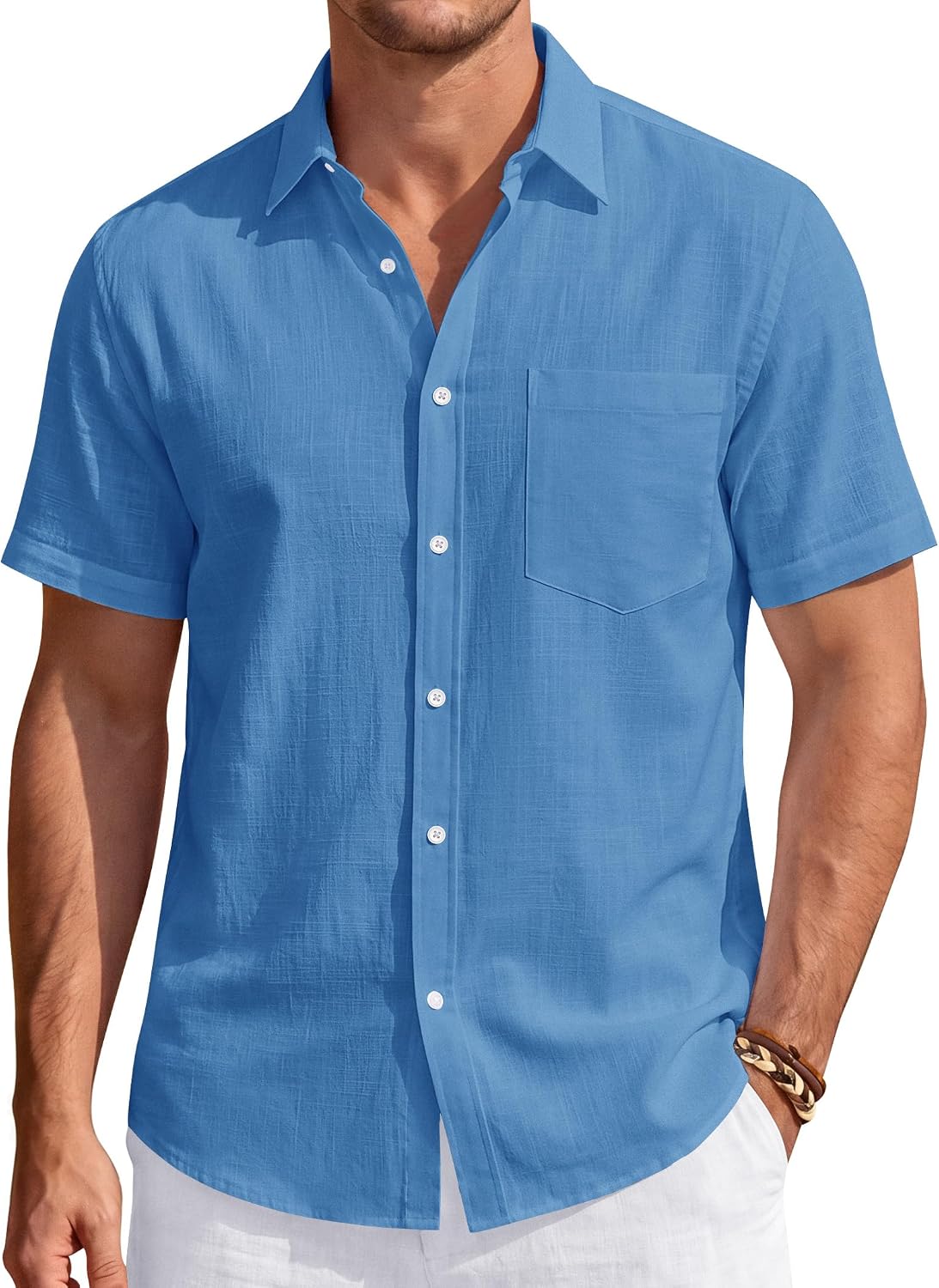 Men's Linen Short Sleeve Shirts Cotton Casual Lightweight Button Down Shirt Beach Vacation Summer Tops with Pocket
