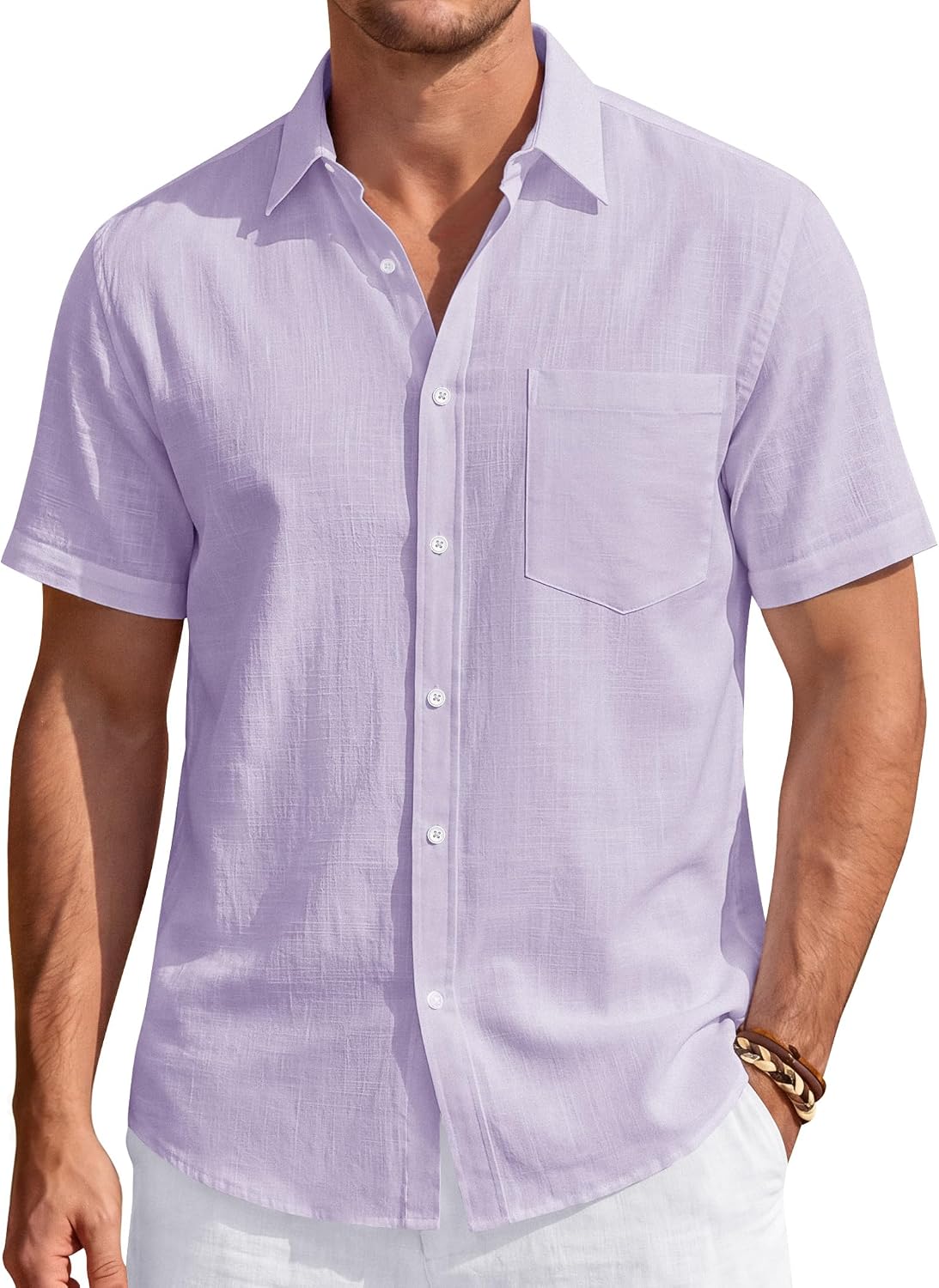 Men's Linen Short Sleeve Shirts Cotton Casual Lightweight Button Down Shirt Beach Vacation Summer Tops with Pocket