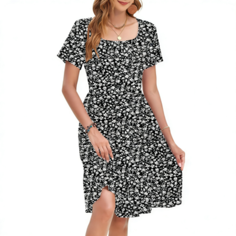 Women Square Neck Ditsy Floral Dress, Ruffle Empire Waist A-Line Sundress With Pockets