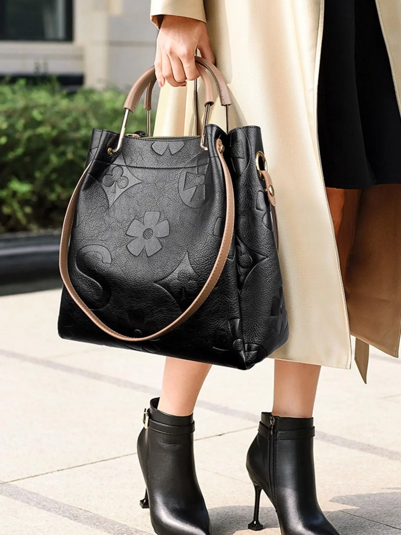 Floral Embossed Handbag Set for Women - Large & Crossbody