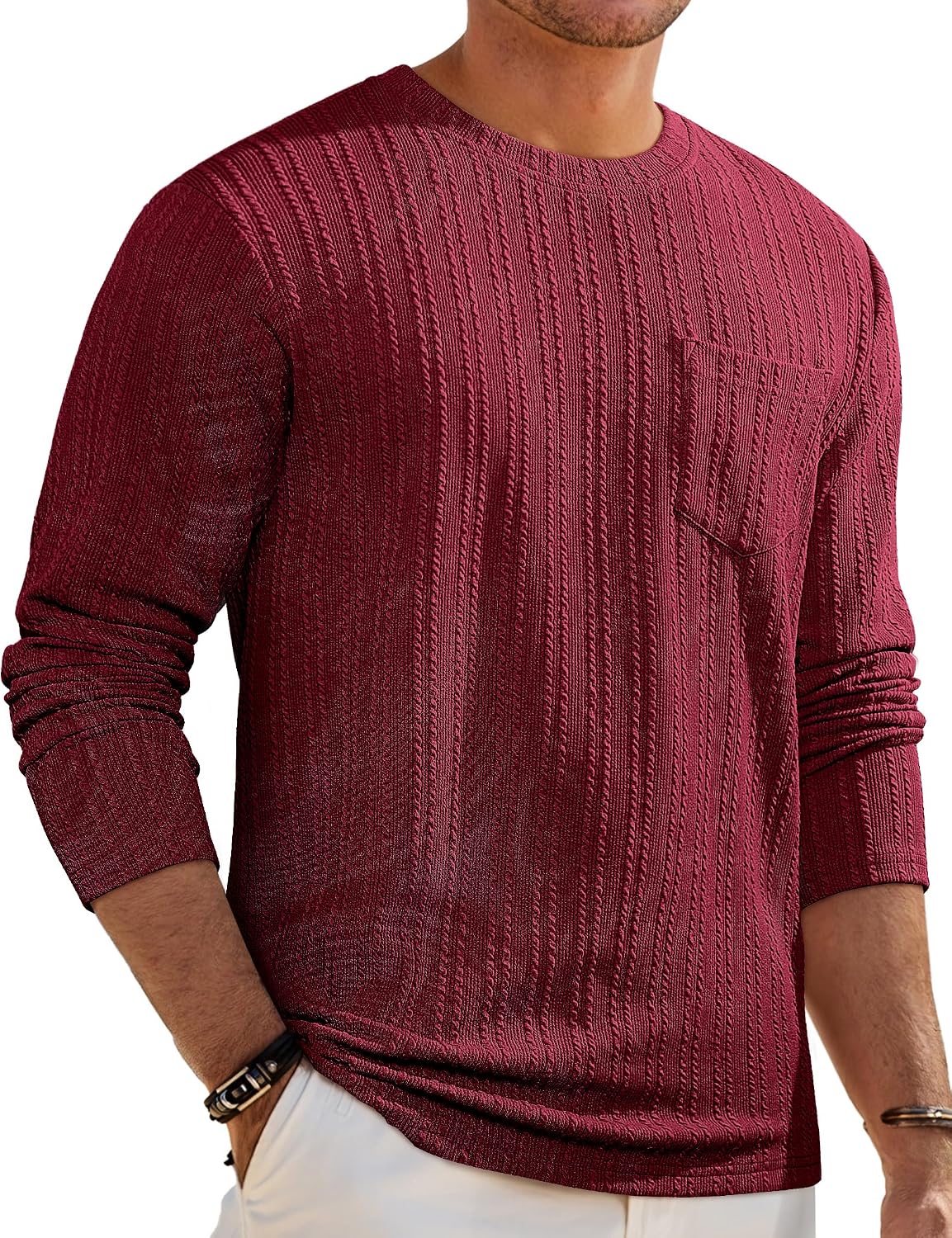 Men's Long Sleeve Shirts Casual Crewneck Pullover T-Shirt Stretch Textured Knit Tee with Pocket