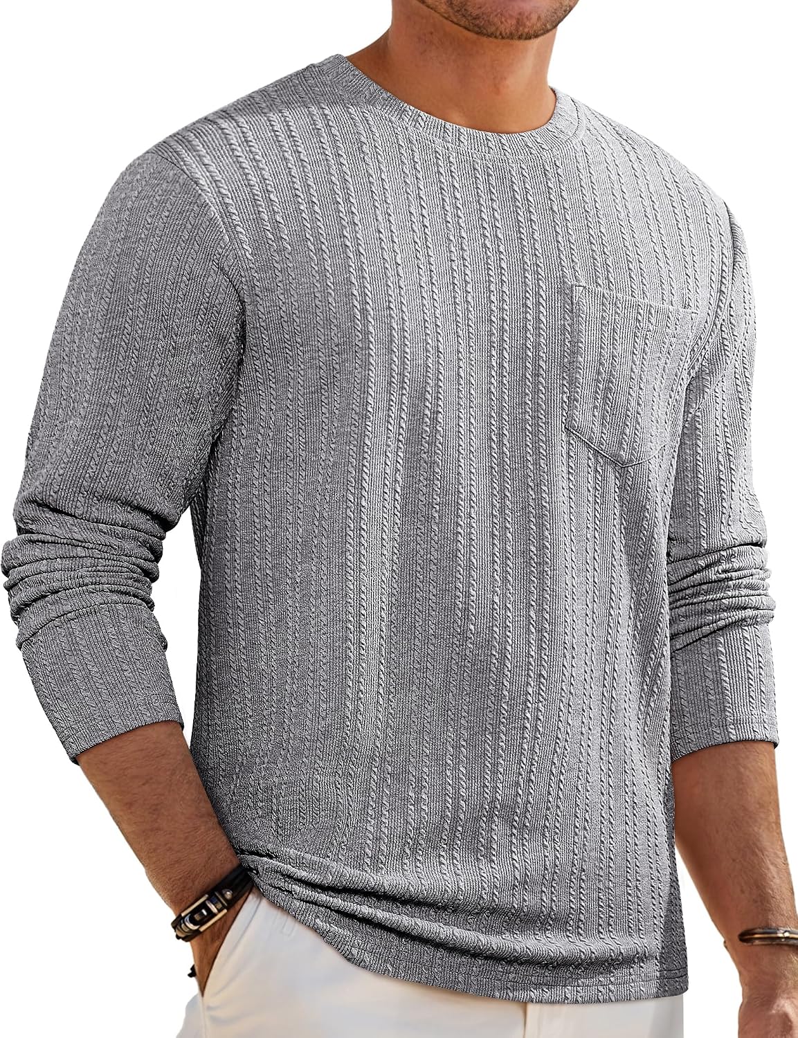 Men's Long Sleeve Shirts Casual Crewneck Pullover T-Shirt Stretch Textured Knit Tee with Pocket