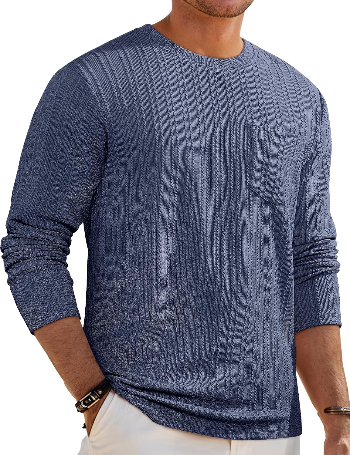 Men's Long Sleeve Shirts Casual Crewneck Pullover T-Shirt Stretch Textured Knit Tee with Pocket