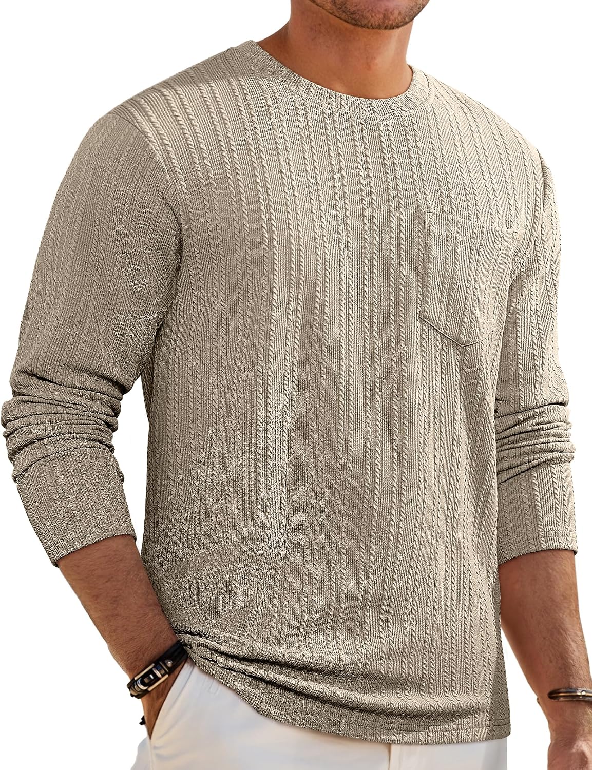Men's Long Sleeve Shirts Casual Crewneck Pullover T-Shirt Stretch Textured Knit Tee with Pocket