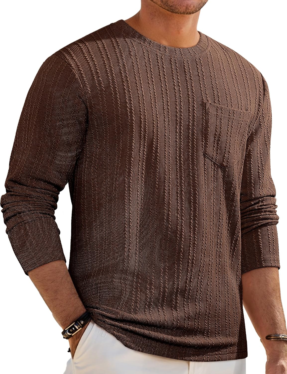 Men's Long Sleeve Shirts Casual Crewneck Pullover T-Shirt Stretch Textured Knit Tee with Pocket