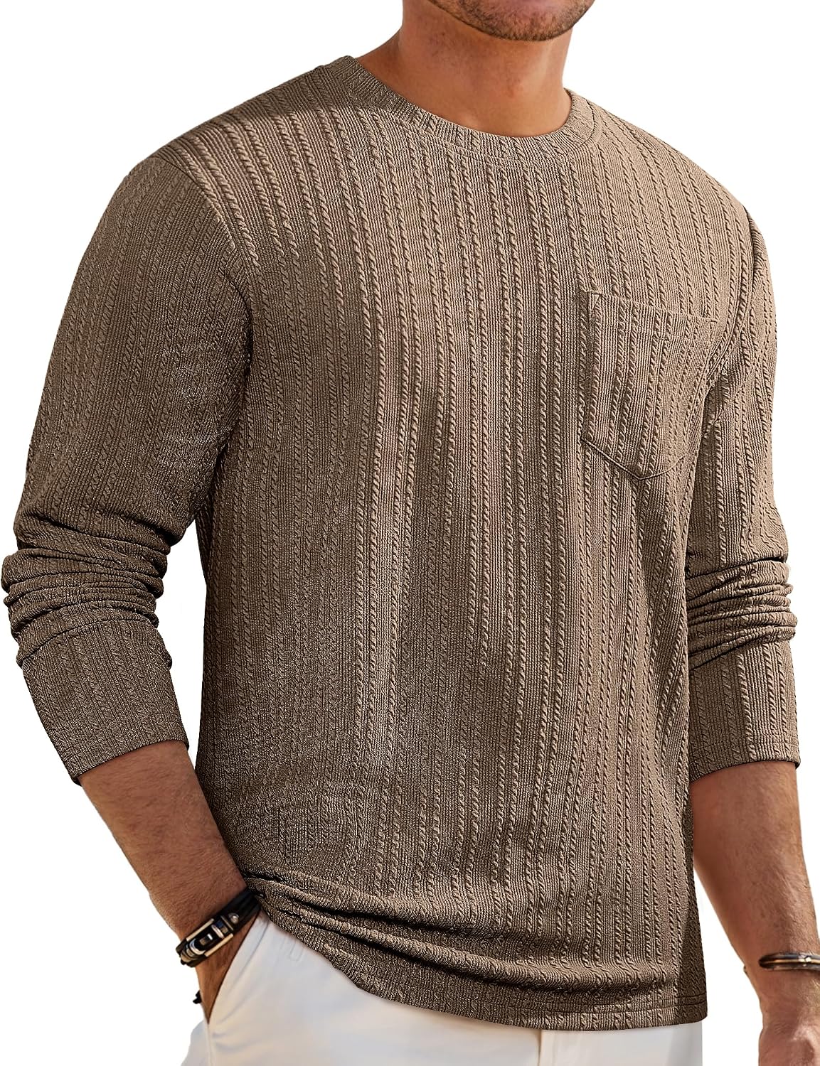 Men's Long Sleeve Shirts Casual Crewneck Pullover T-Shirt Stretch Textured Knit Tee with Pocket
