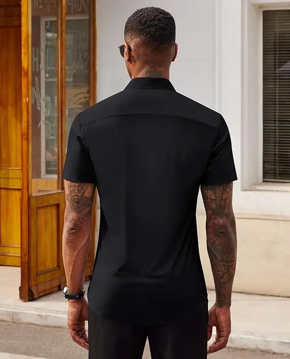 Men's Stretch Dress Shirts Short Sleeve Slim Fit Business Casual Button Down Shirts Muscle Fit Men's Dress Shirts Shortsleeve Menswear gifts for dad Top Plain