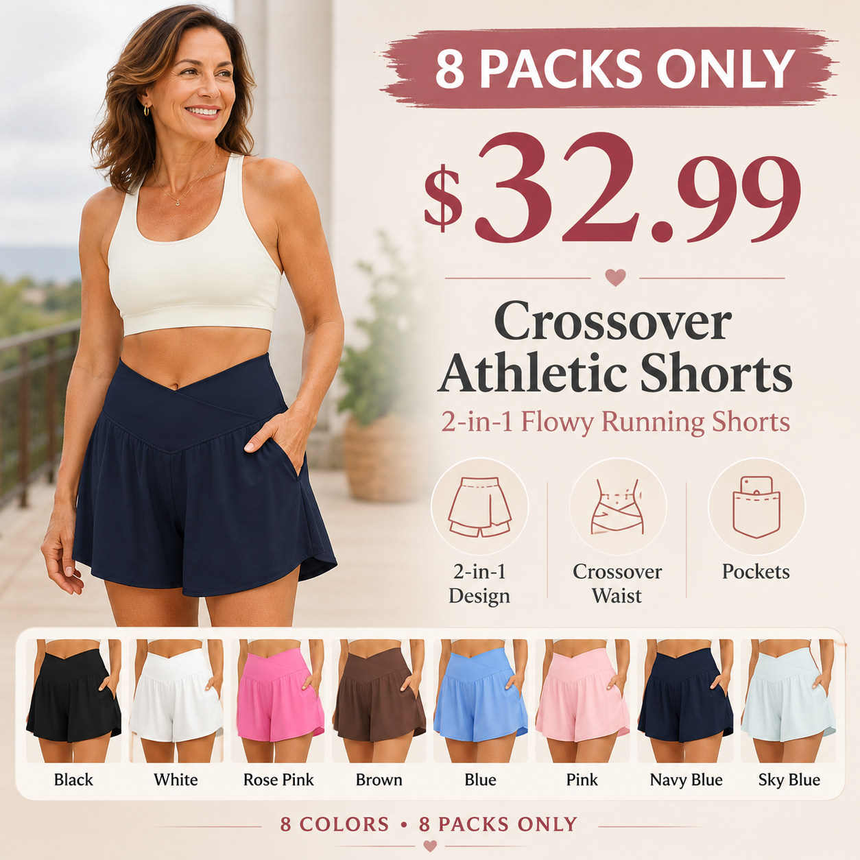 Women's 2 in 1 Crossover Athletic Shorts with Pockets
