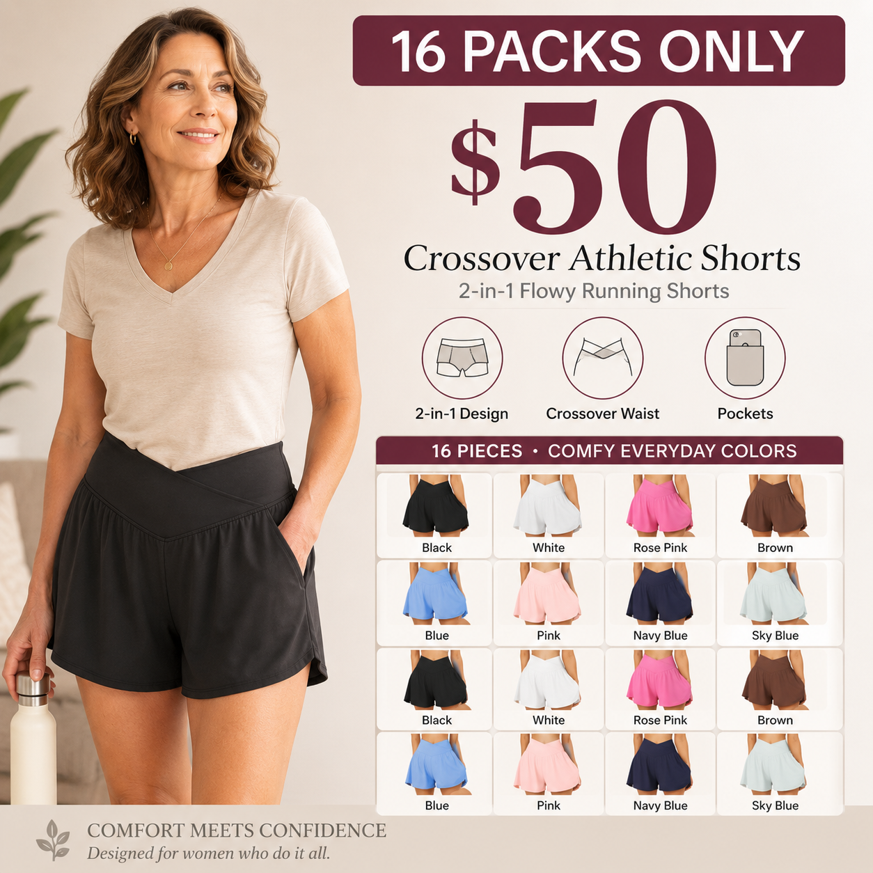 Women's 2 in 1 Crossover Athletic Shorts with Pockets