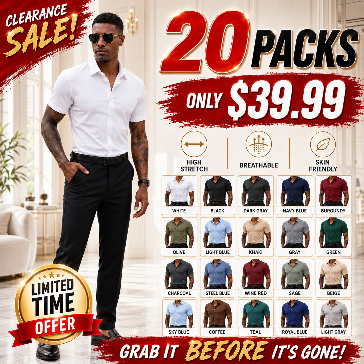 Men's Stretch Dress Shirts Short Sleeve Slim Fit Business Casual Button Down Shirts Muscle Fit Men's Dress Shirts Shortsleeve Menswear gifts for dad Top Plain