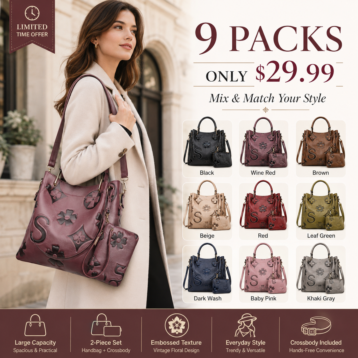 Floral Embossed Handbag Set for Women - Large & Crossbody