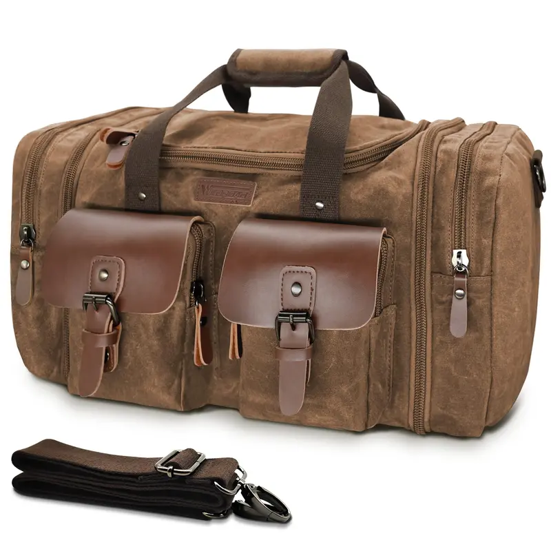 Vintage Waxed Canvas Duffle Bag for Men, Large 50L-60L Waterproof Weekender with Leather Trim, Expandable Carry-On for Travel