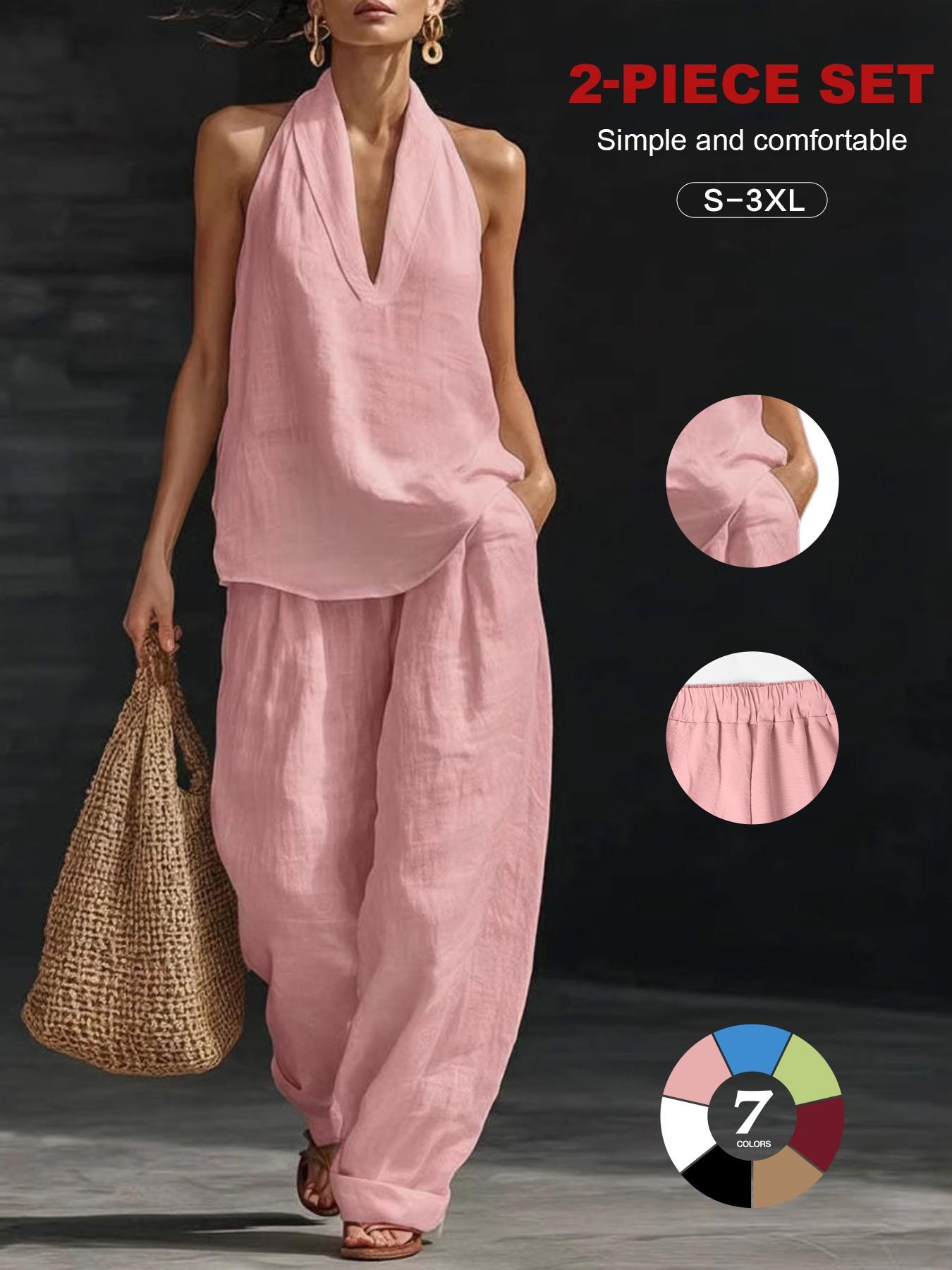 2026 European Style Home Wear Set, Casual Linen Halter Two-Piece Suite, Summer Deep V Sleeveless Top + High-Waisted Wide Leg Pants