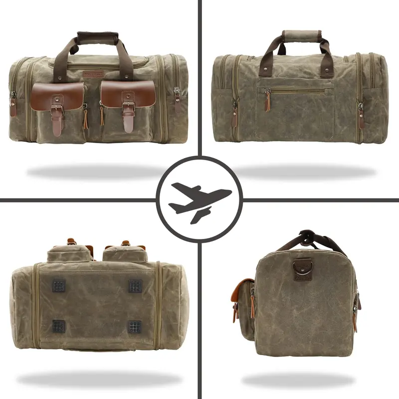 Vintage Waxed Canvas Duffle Bag for Men, Large 50L-60L Waterproof Weekender with Leather Trim, Expandable Carry-On for Travel