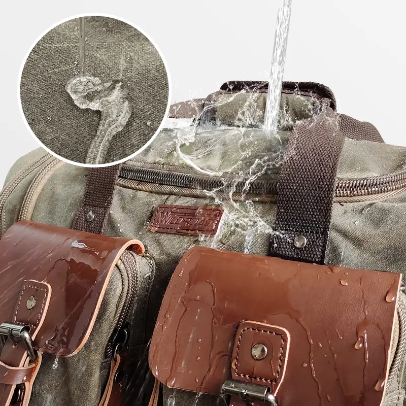 Vintage Waxed Canvas Duffle Bag for Men, Large 50L-60L Waterproof Weekender with Leather Trim, Expandable Carry-On for Travel