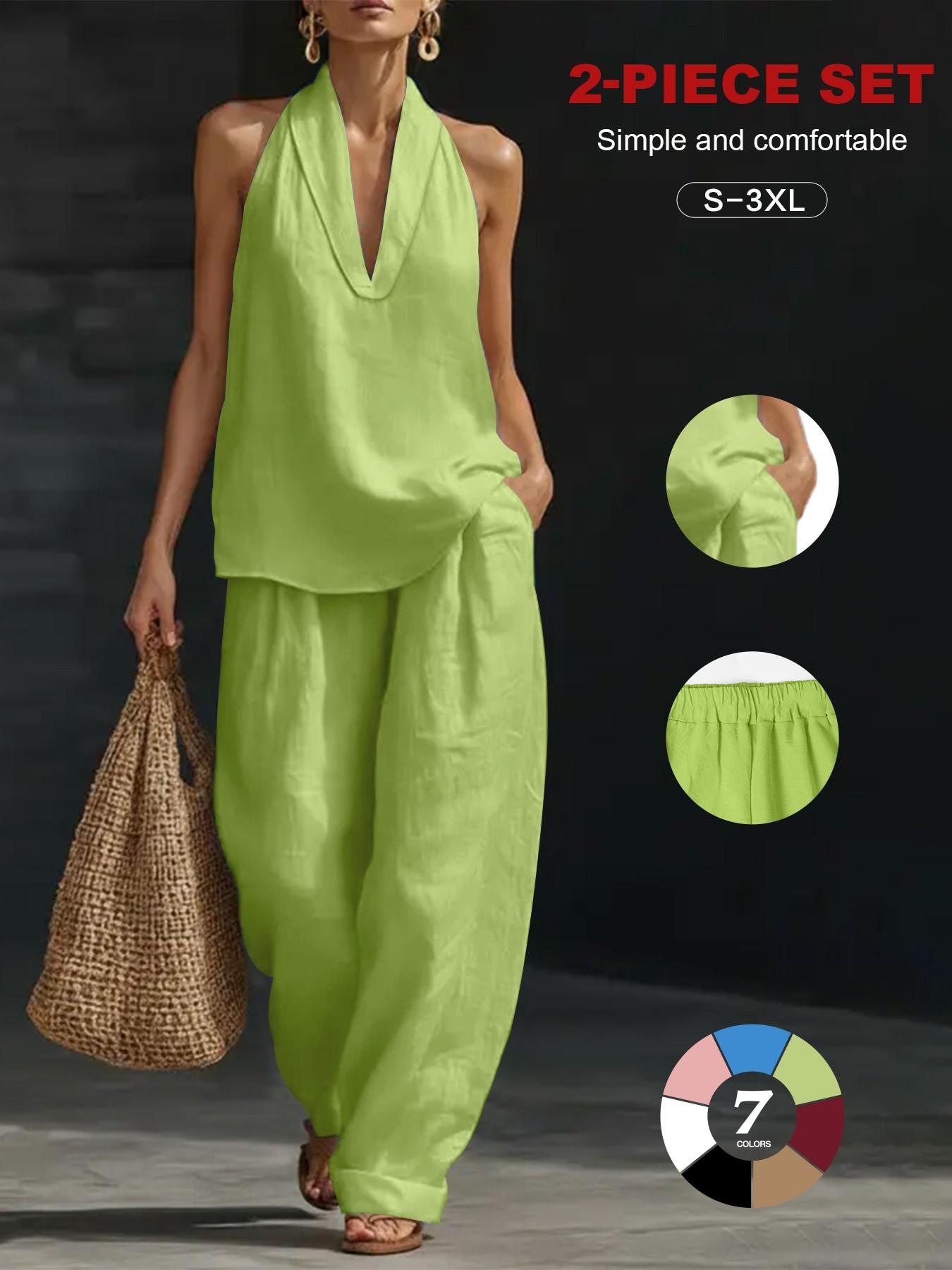 2026 European Style Home Wear Set, Casual Linen Halter Two-Piece Suite, Summer Deep V Sleeveless Top + High-Waisted Wide Leg Pants