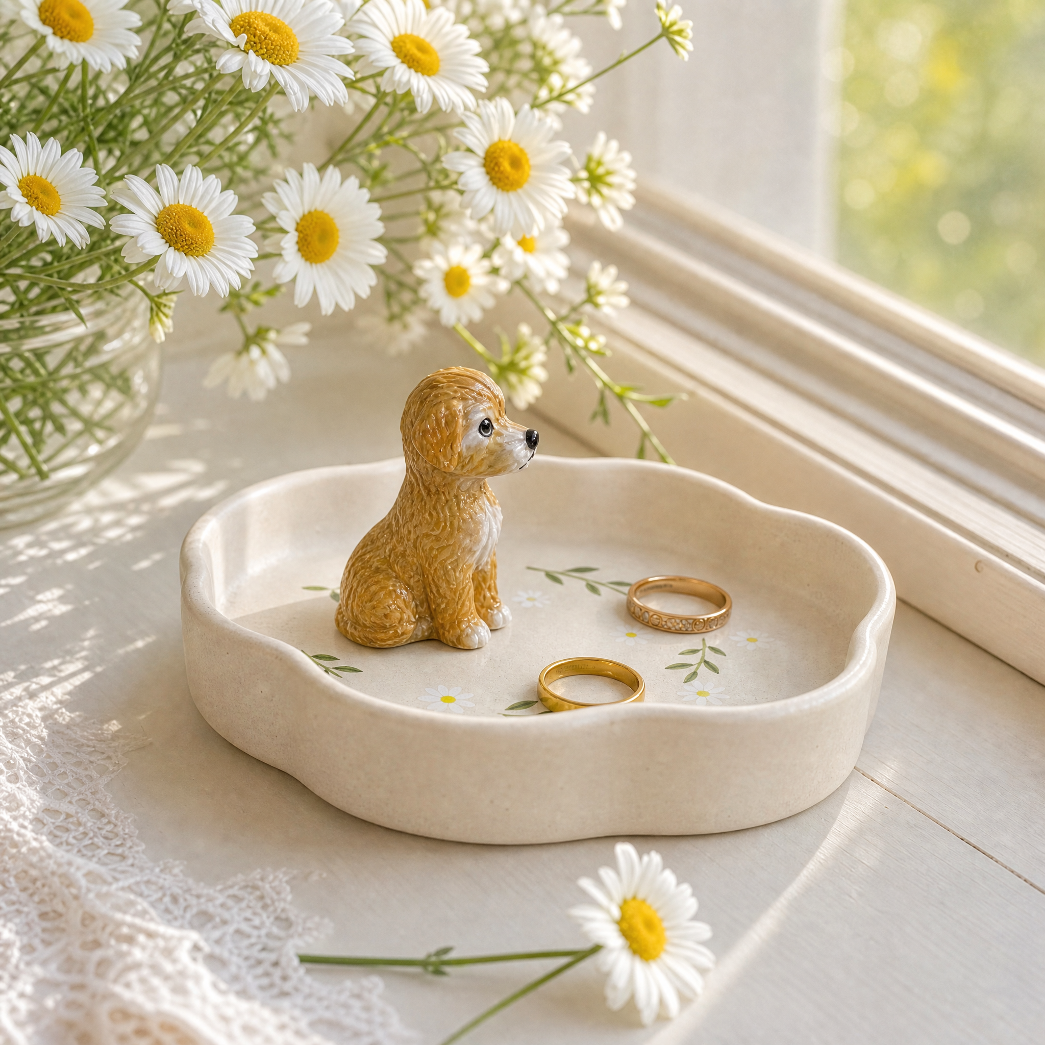 Custom Pet Portrait Ring Dish with 3D Dog or Cat Figurine