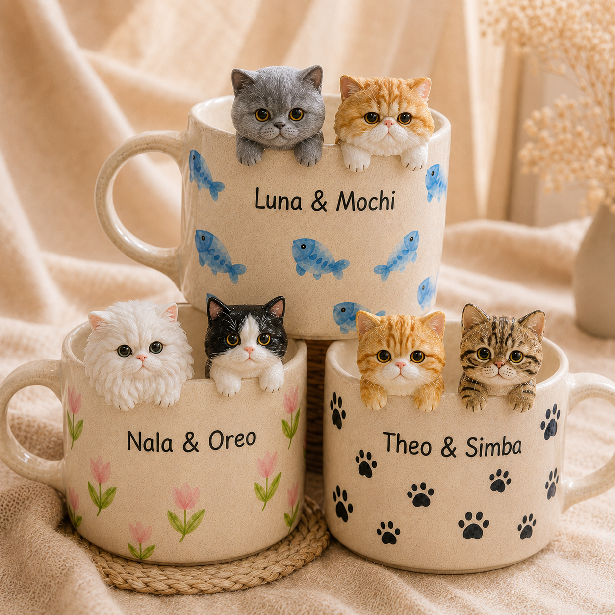 Custom Cat Picture Ceramic Mug, Personalized Cat Dog Coffee Cup, Handmade Pet Portrait Mug with Names, Gift for Dog Mom Cat Dad