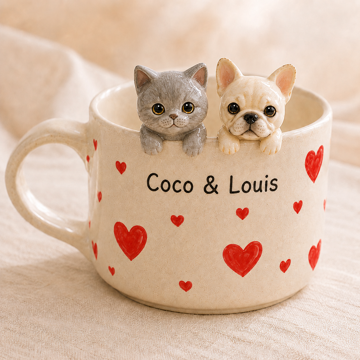 Custom Cat Ceramic Mug, Personalized Cat Dog Peekaboo Coffee Cup, Handmade Pet Portrait Mug with Names, Gift for Dog Mom Cat Dad