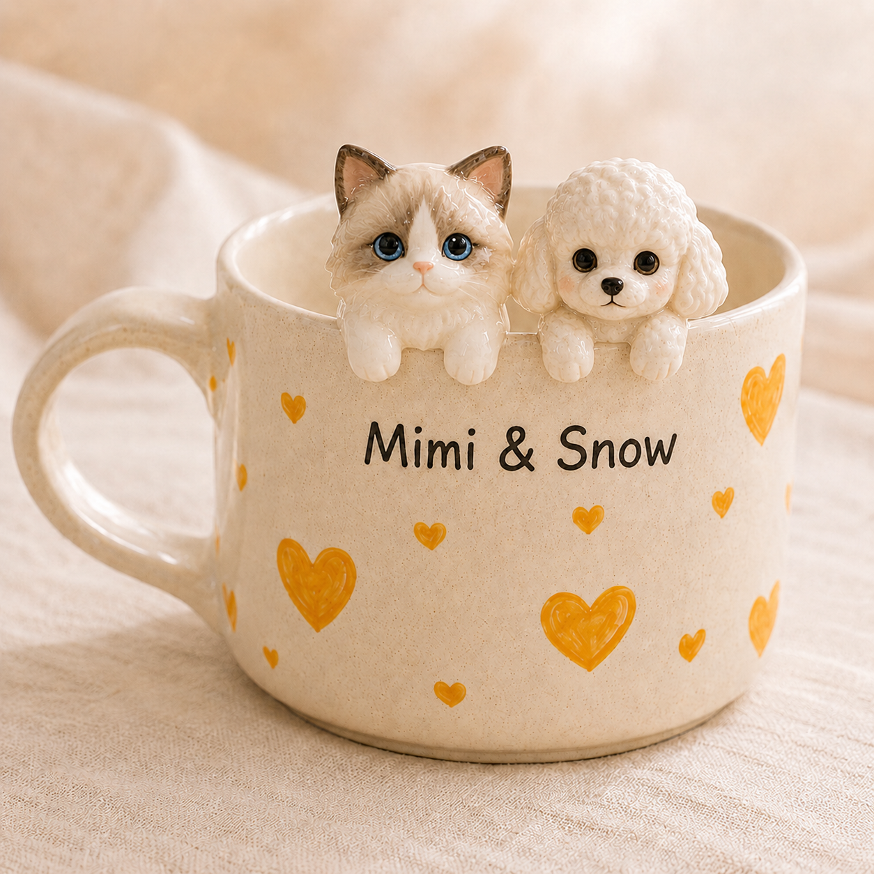 Custom Cat Picture Ceramic Mug, Personalized Cat Dog Coffee Cup, Handmade Pet Portrait Mug with Names, Gift for Dog Mom Cat Dad