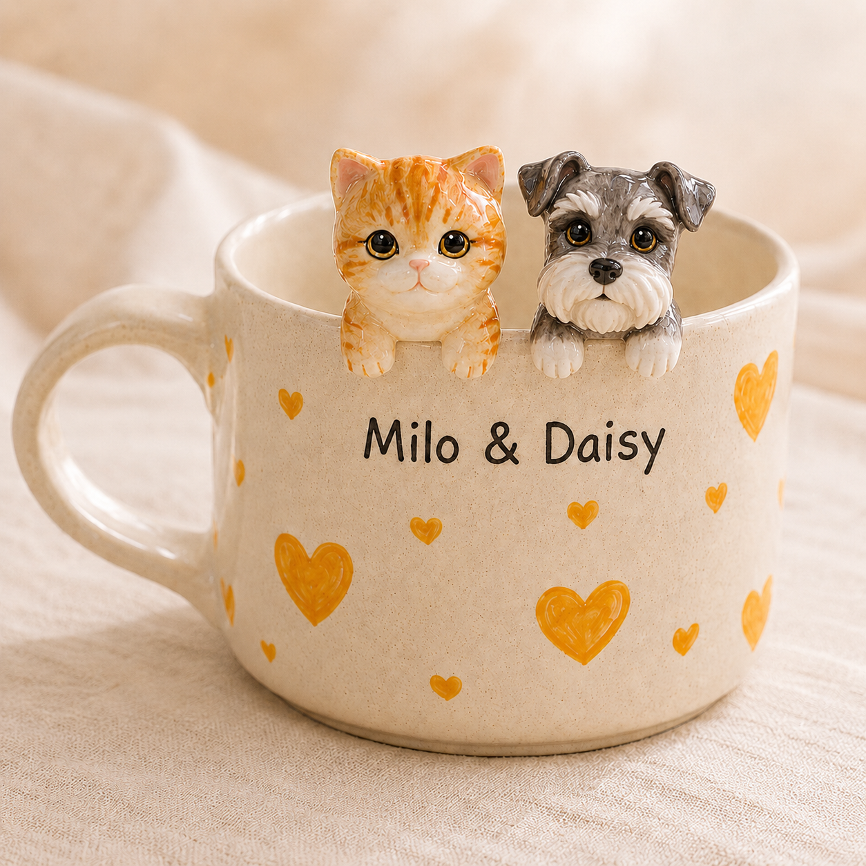 Custom Dog Ceramic Mug, Personalized Cat Dog Coffee Cup, Handmade Pet Portrait Mug with Names, Gift for Dog Cat Parents