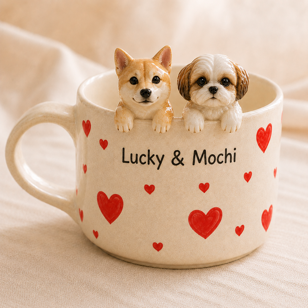 Custom Dog Ceramic Mug, Personalized Cat Dog Coffee Cup, Handmade Pet Portrait Mug with Names, Gift for Dog Cat Parents
