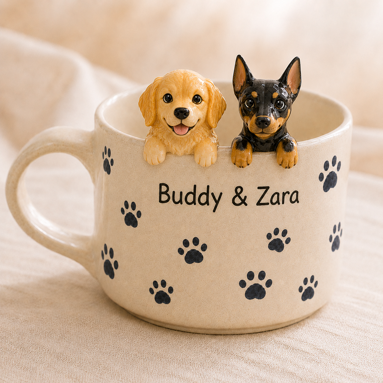Custom Dog Ceramic Mug, Personalized Cat Dog Coffee Cup, Handmade Pet Portrait Mug with Names, Gift for Dog Cat Parents
