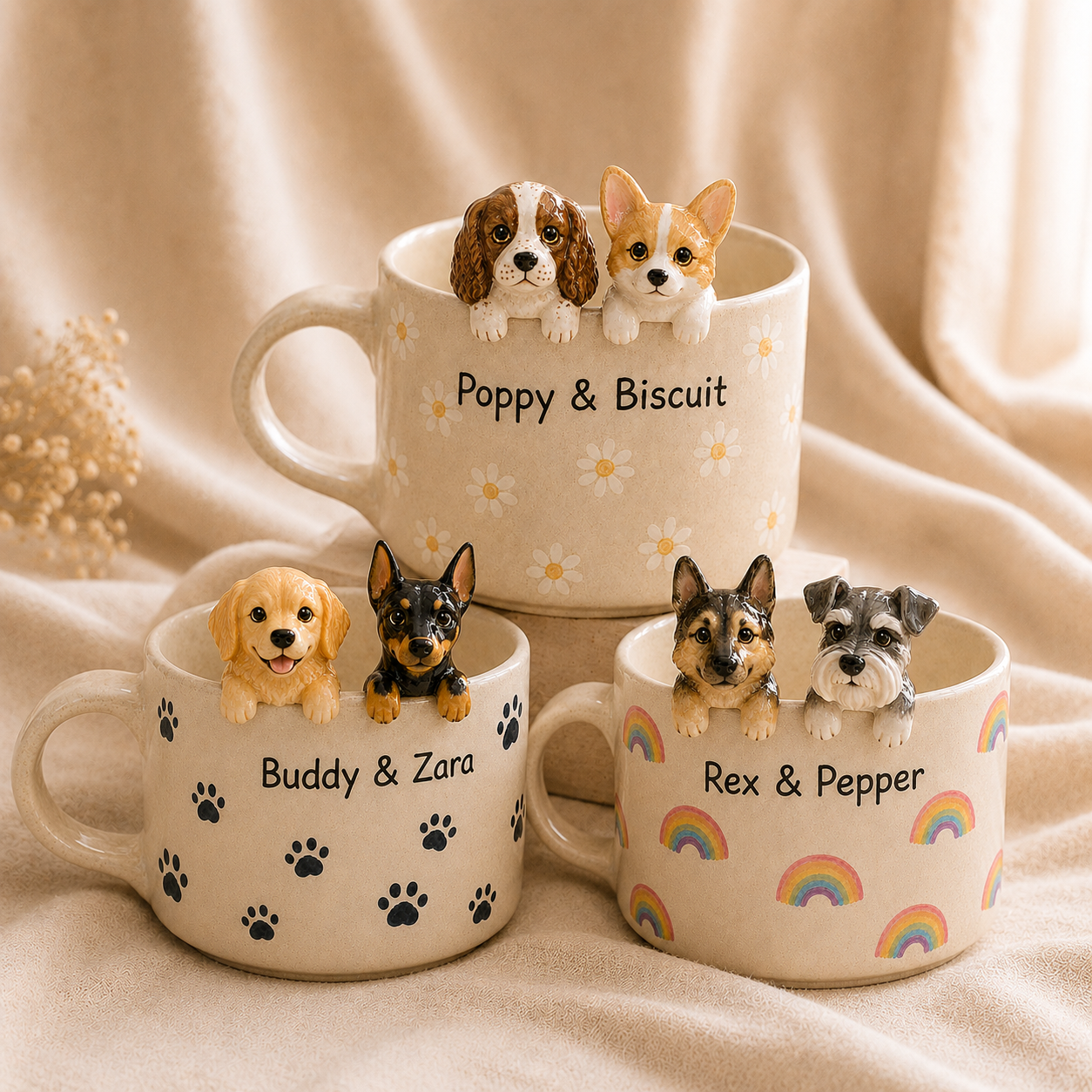 Custom Dog Ceramic Mug, Personalized Cat Dog Coffee Cup, Handmade Pet Portrait Mug with Names, Gift for Dog Cat Parents