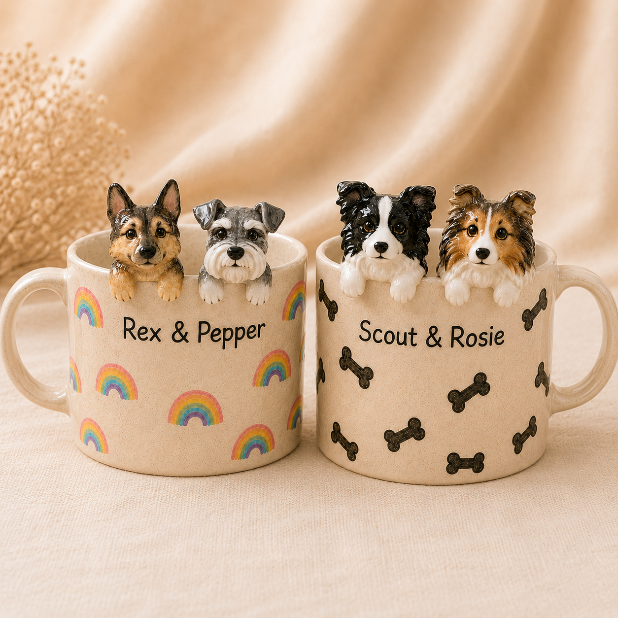 Custom Dog Ceramic Mug, Personalized Cat Dog Coffee Cup, Handmade Pet Portrait Mug with Names, Gift for Dog Cat Parents