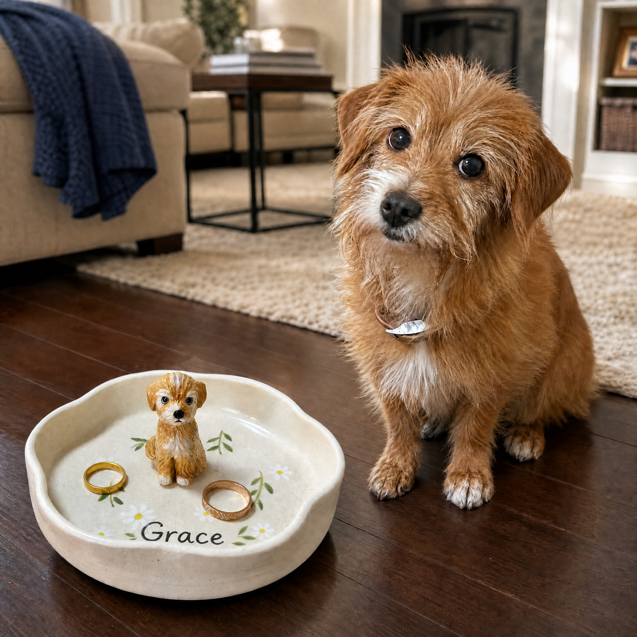 Custom Pet Portrait Ring Dish with 3D Dog or Cat Figurine