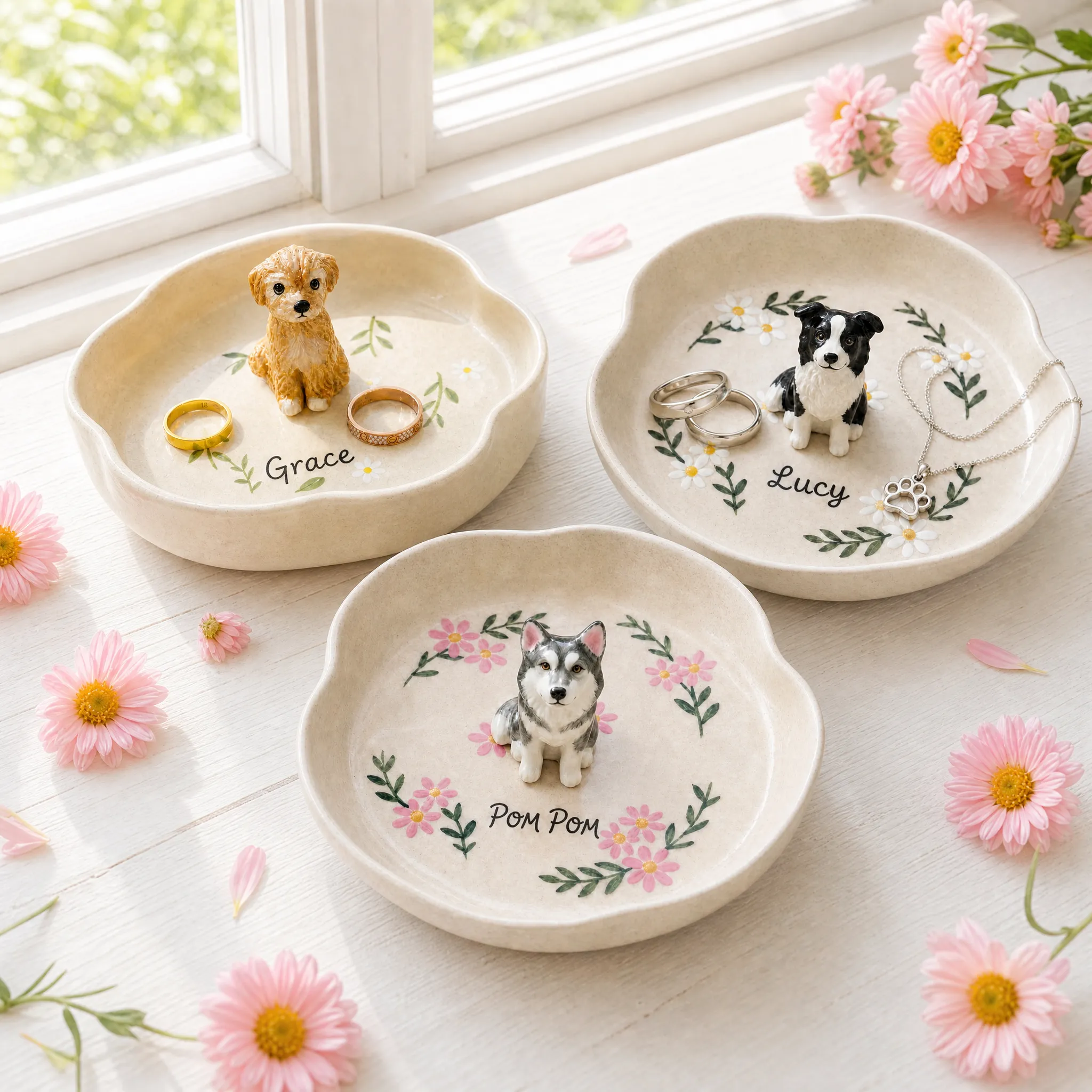 Personalized Ceramic Pet Jewelry Tray with Sculpted Figurine