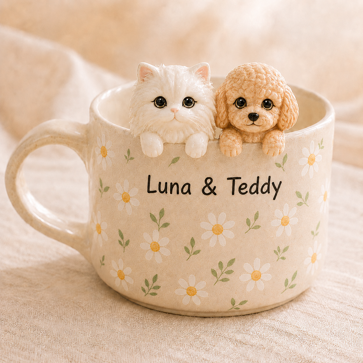 Custom Cat Picture Ceramic Mug, Personalized Cat Dog Coffee Cup, Handmade Pet Portrait Mug with Names, Gift for Dog Mom Cat Dad