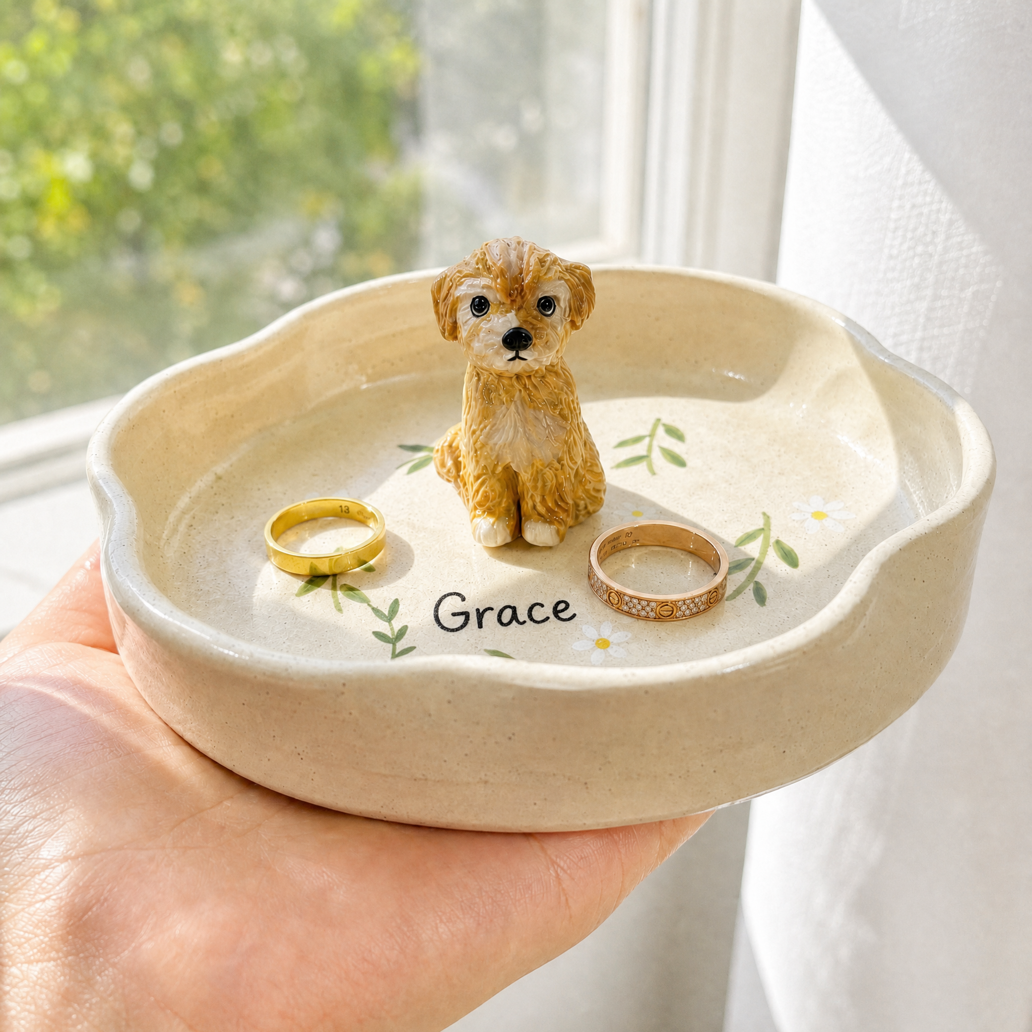 Custom Pet Portrait Ring Dish with 3D Dog or Cat Figurine