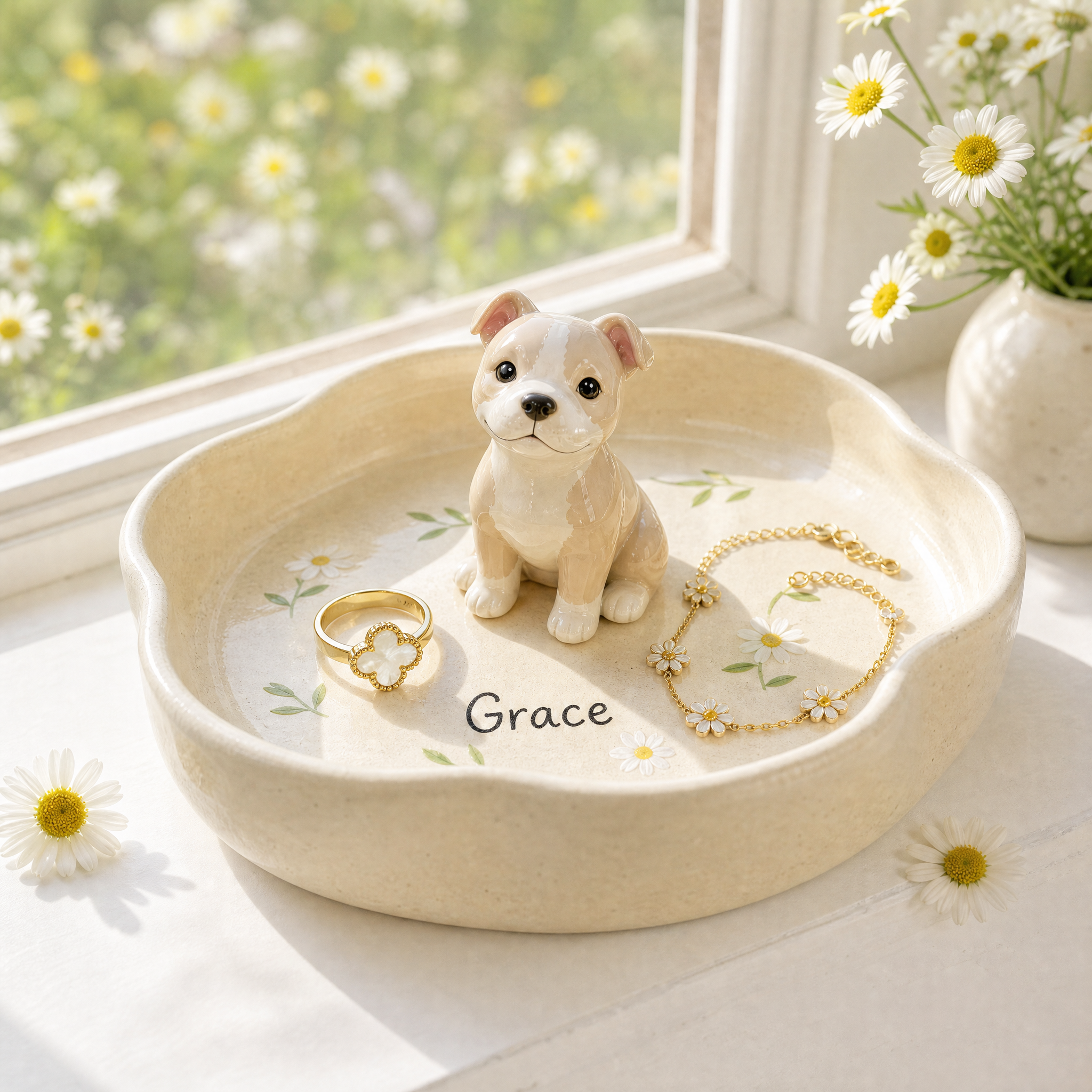 Custom Pet Portrait Ring Dish with 3D Dog or Cat Figurine