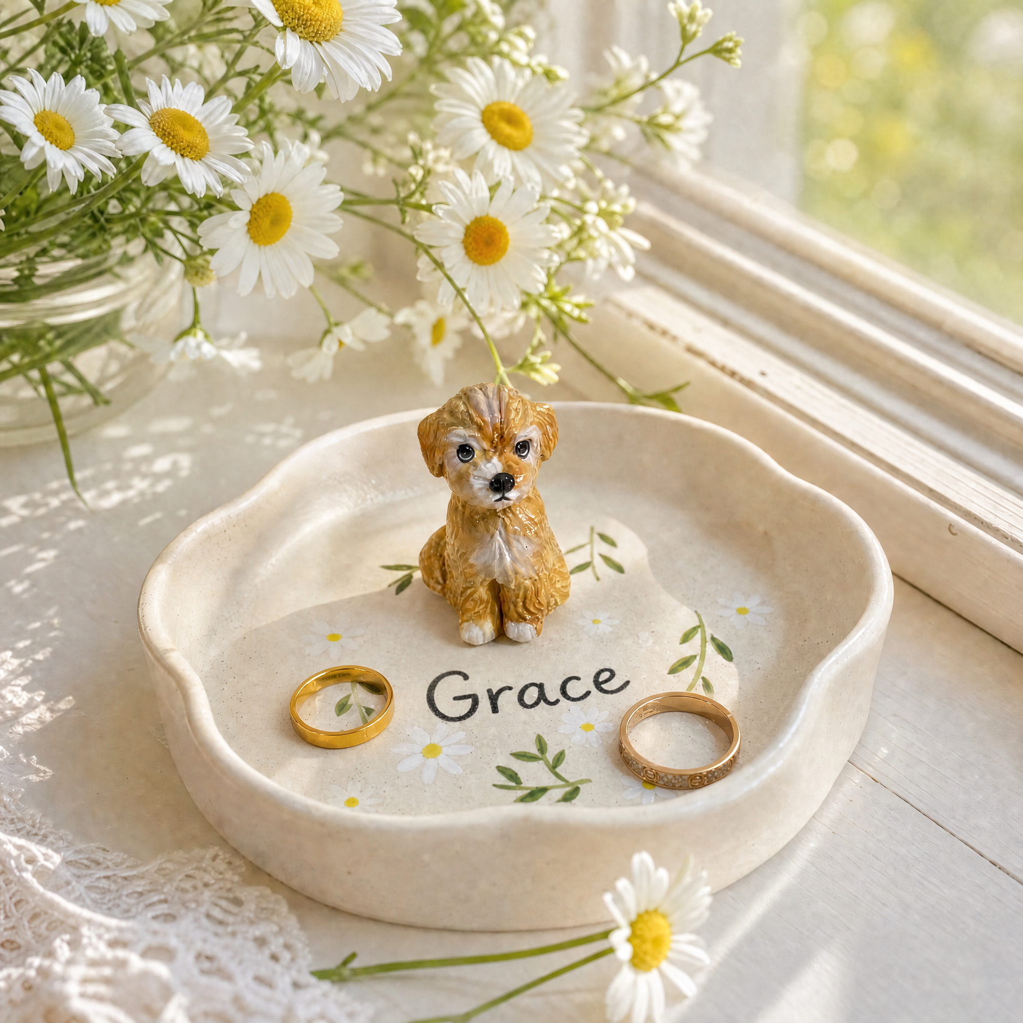 Custom Pet Portrait Ring Dish with 3D Dog or Cat Figurine