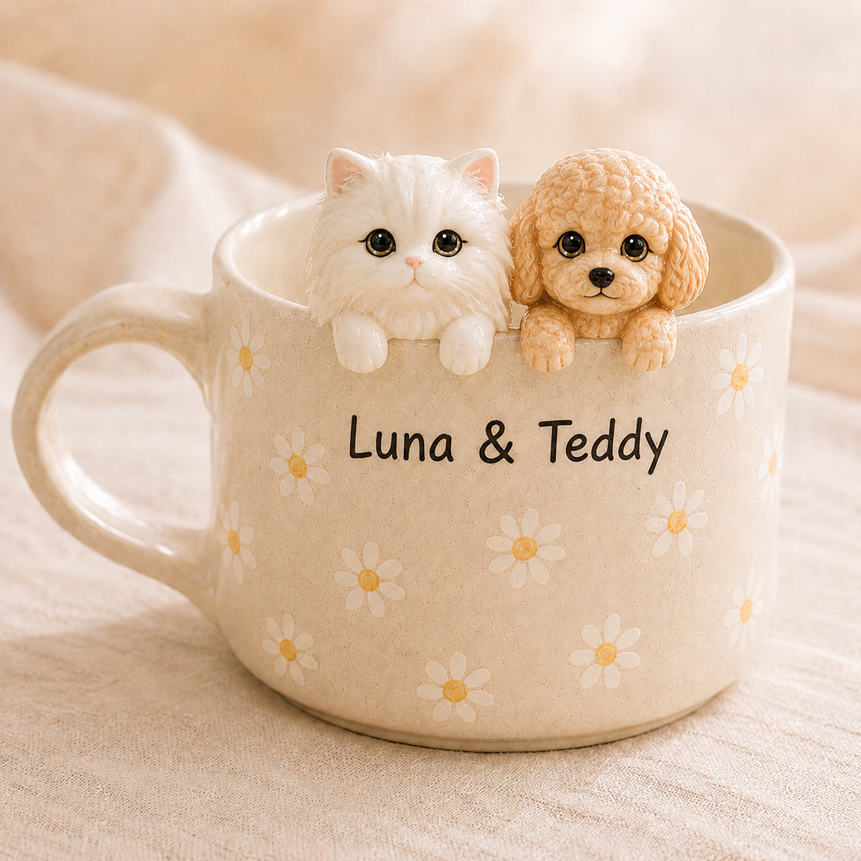 Custom Cat Picture Ceramic Mug, Personalized Cat Dog Coffee Cup, Handmade Pet Portrait Mug with Names, Gift for Dog Mom Cat Dad