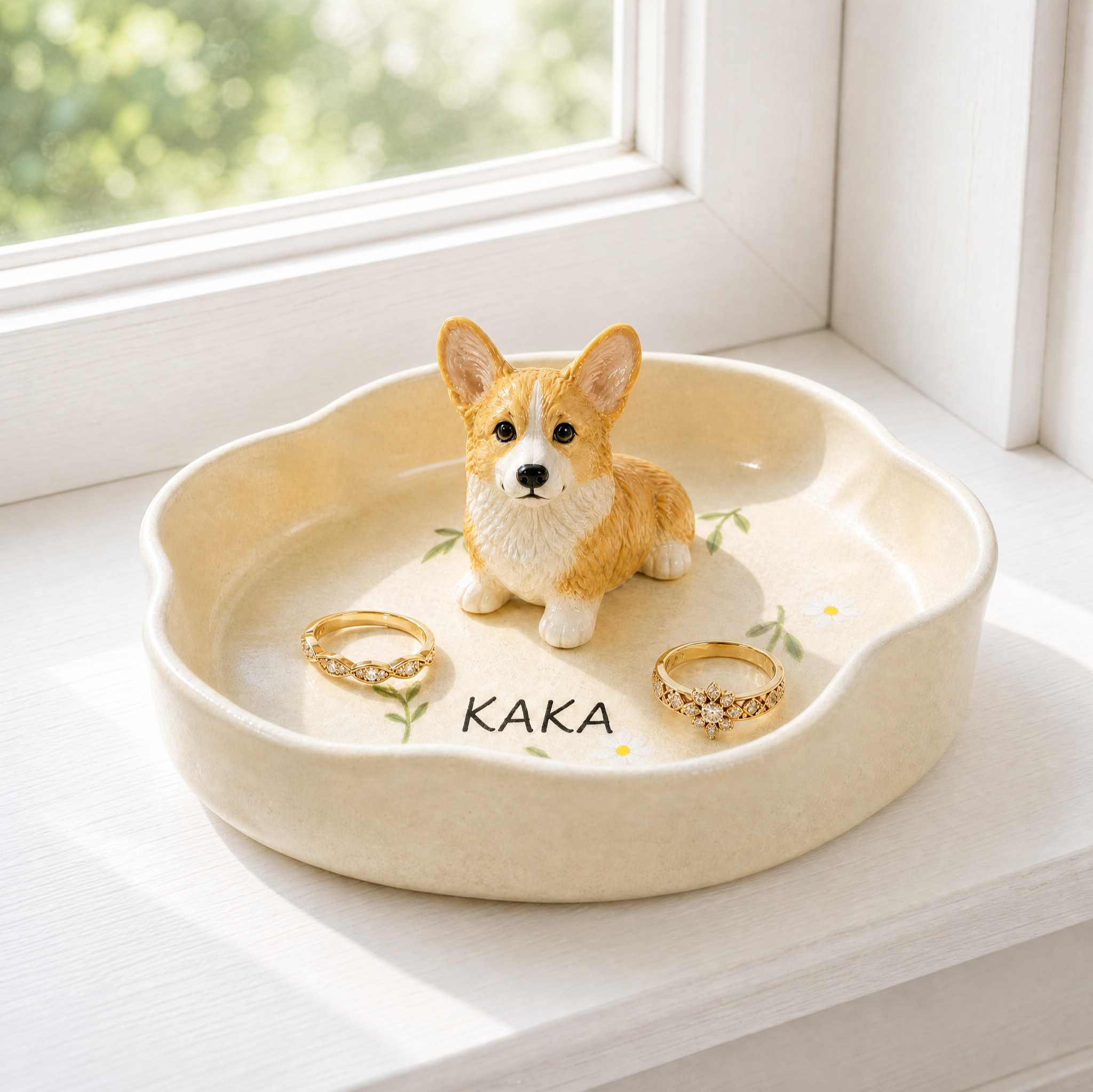 Custom Pet Portrait Ring Dish with 3D Dog or Cat Figurine
