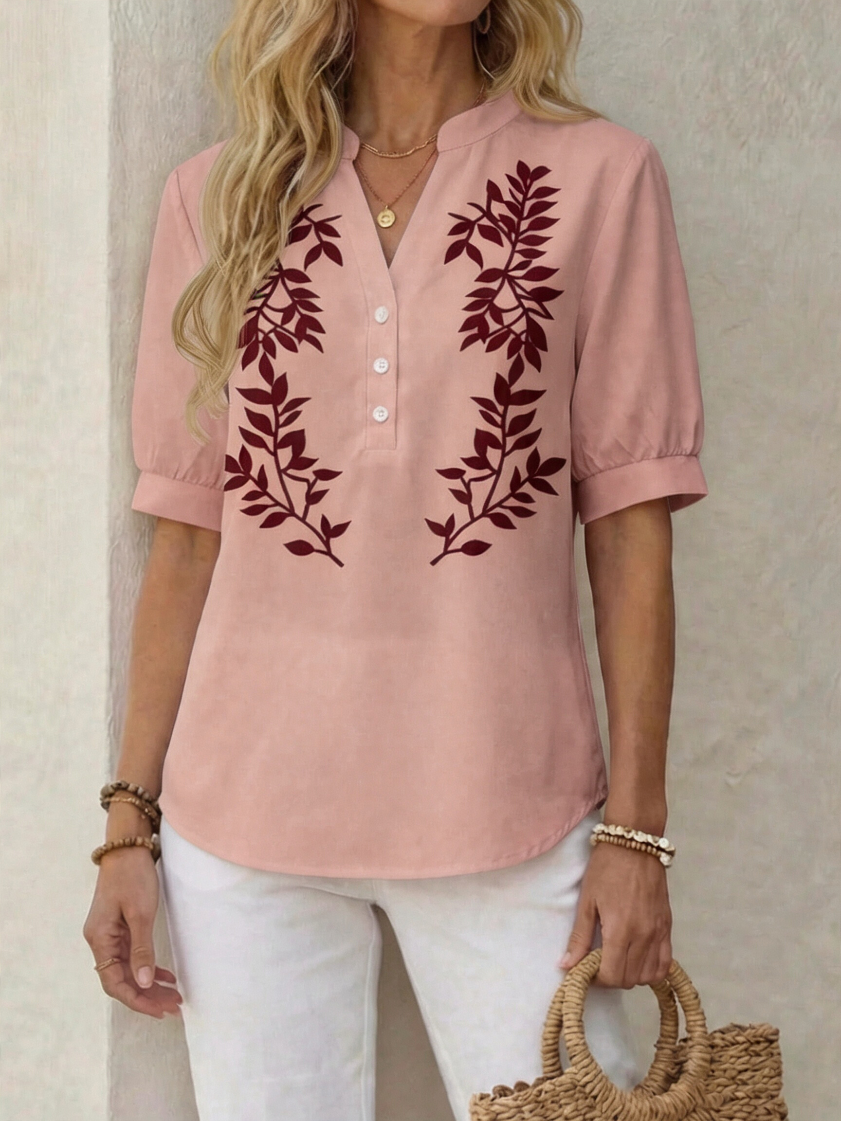 Women Botanical Print Puff Sleeve Blouse