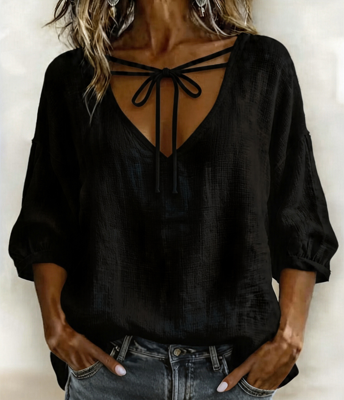 Women Casual V-Neck Tie Front Blouse