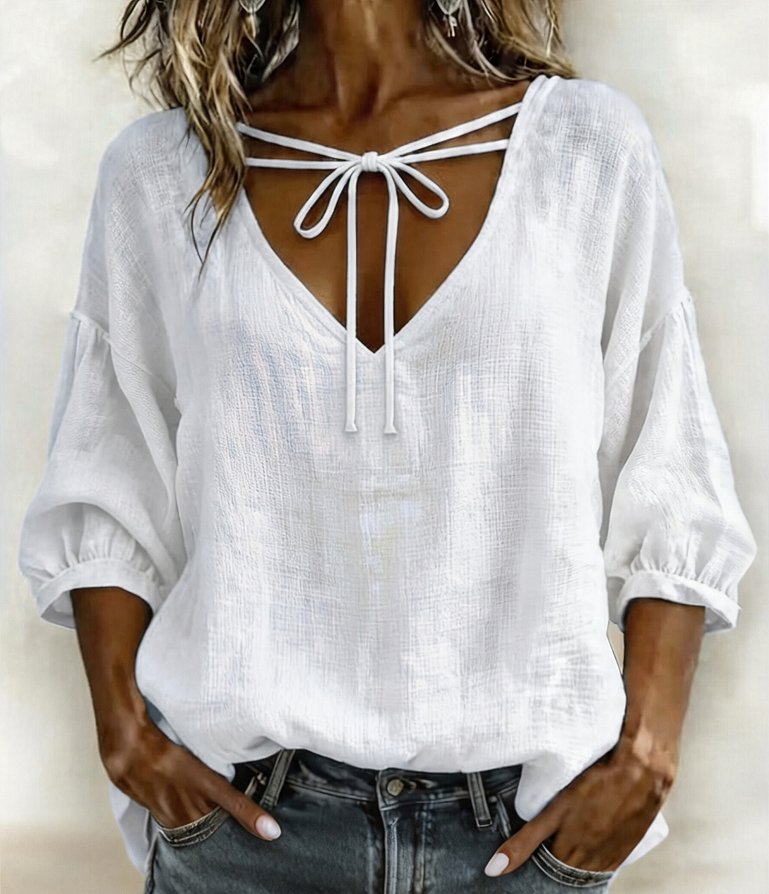 Women Casual V-Neck Tie Front Blouse
