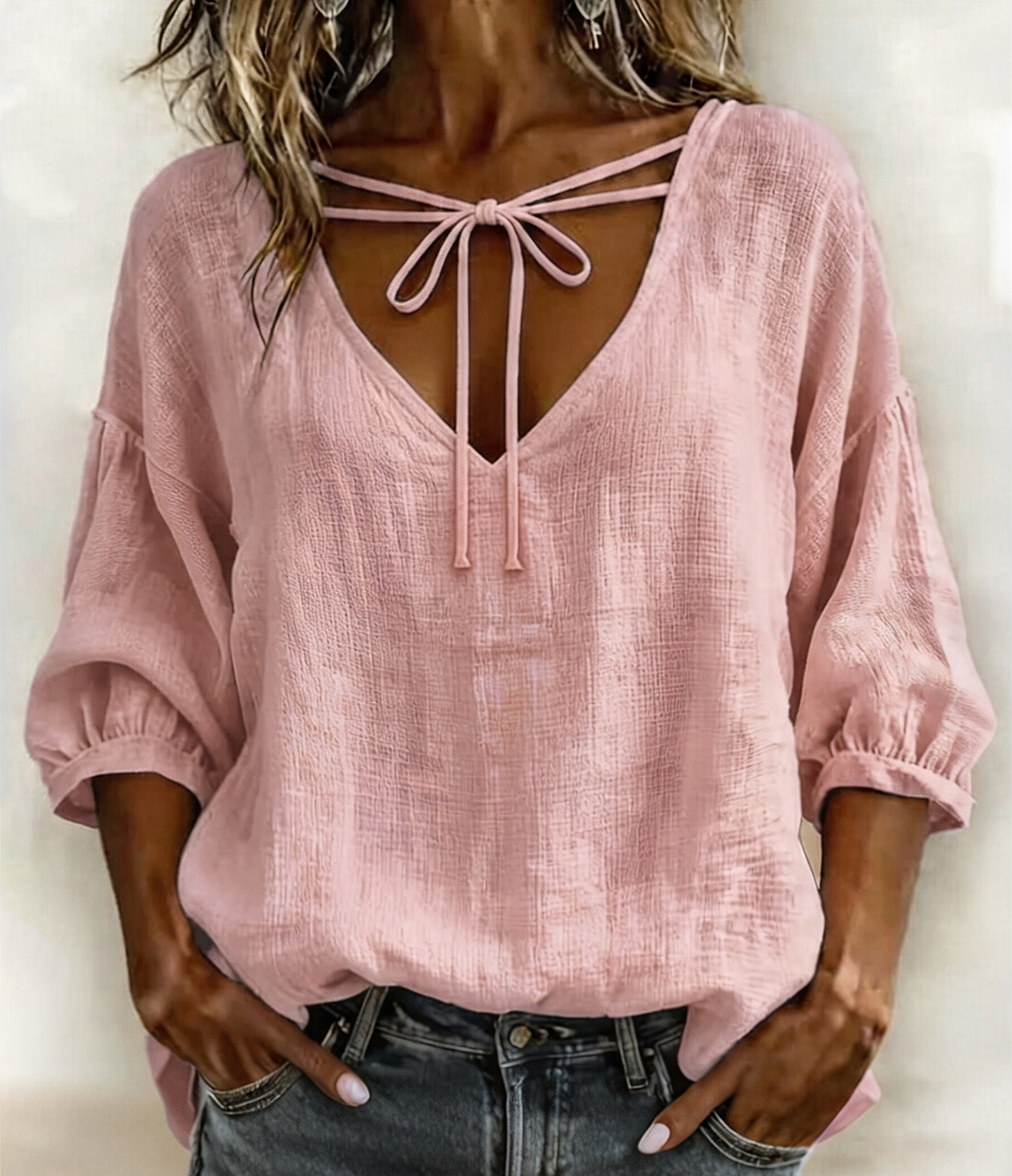 Women Casual V-Neck Tie Front Blouse