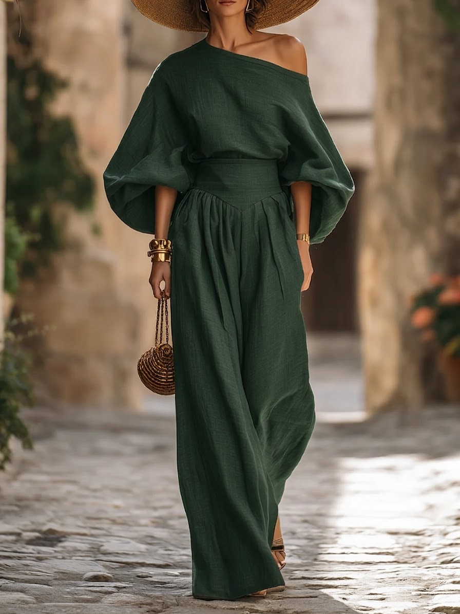 Stylish Off-shoulder Top And Wide-leg Pants Two-piece Set