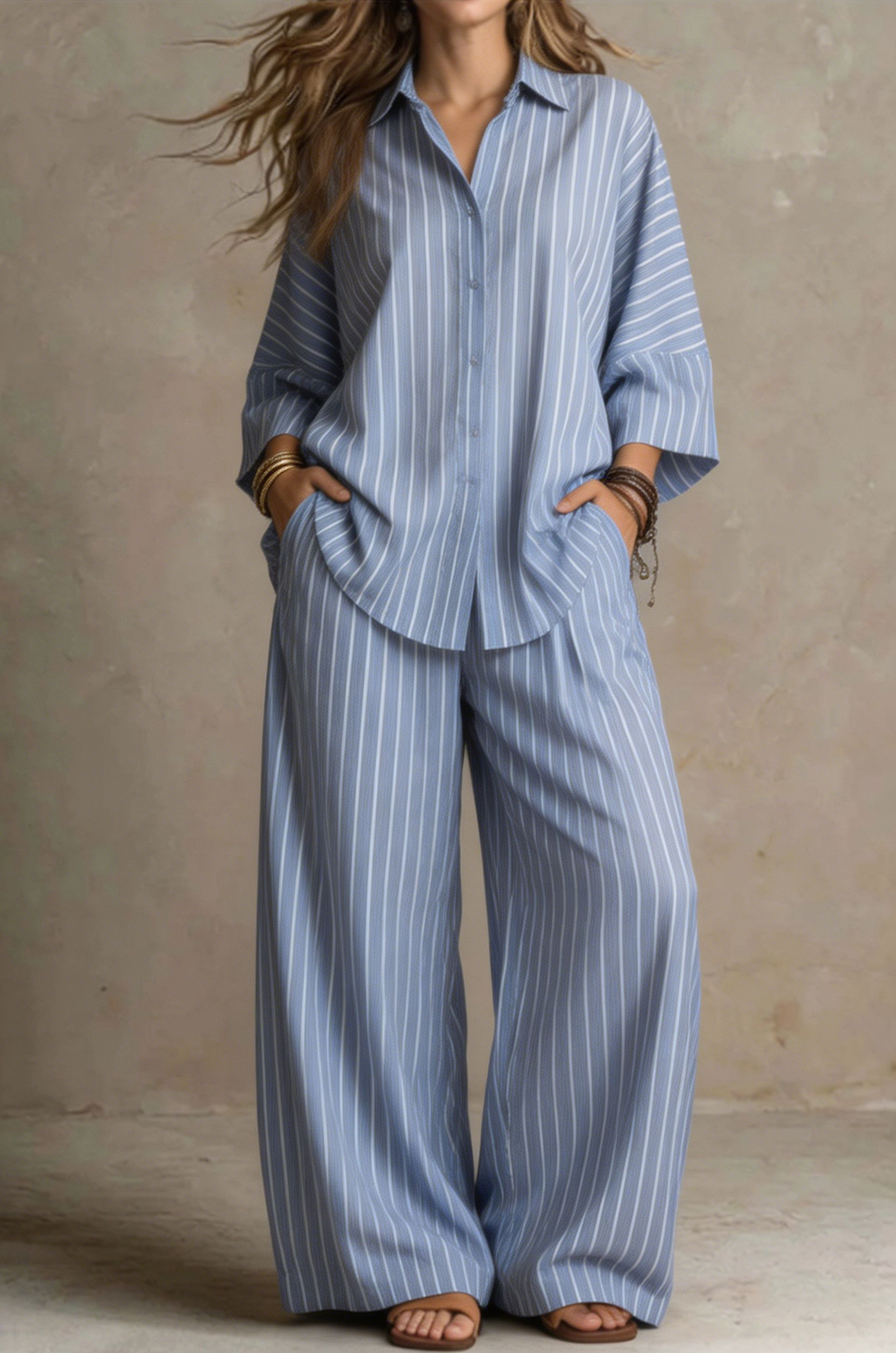 Women Relaxed Stripe Resort Two-Piece Set
