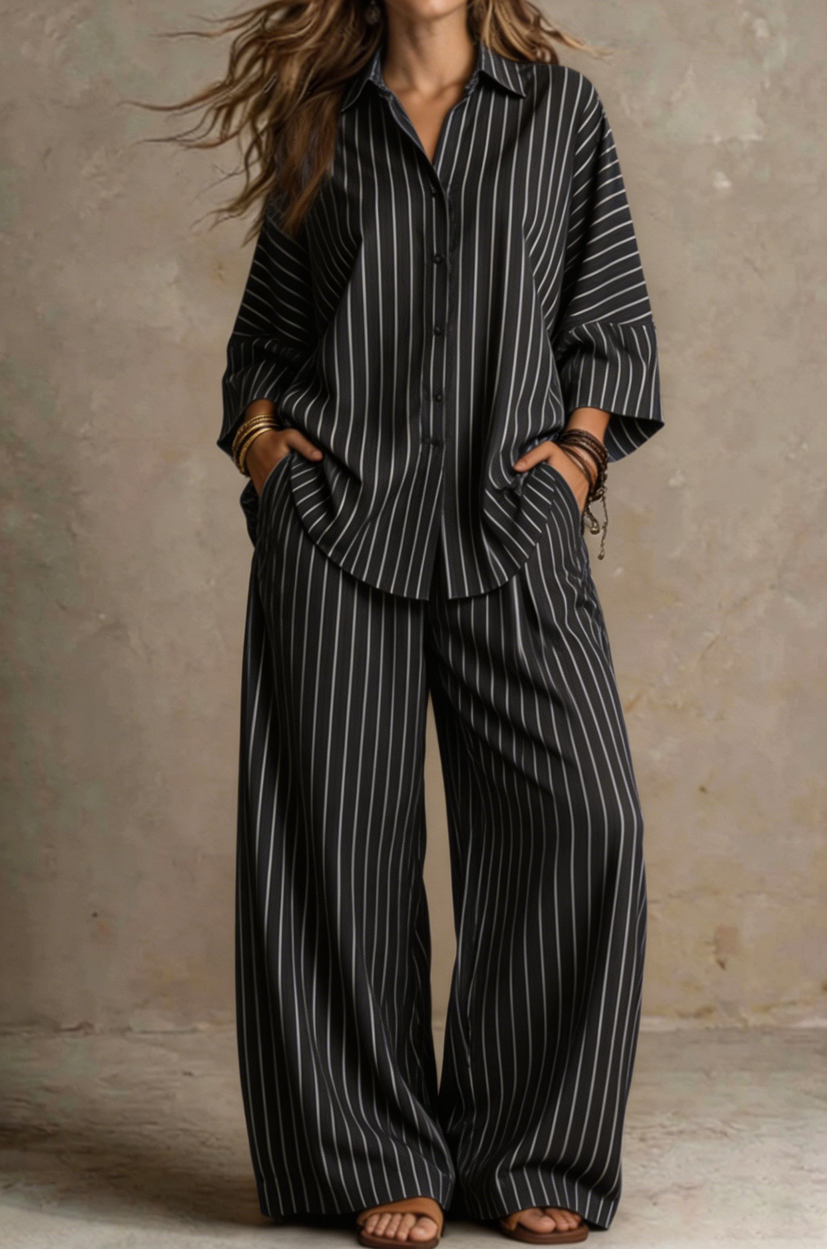 Women Relaxed Stripe Resort Two-Piece Set