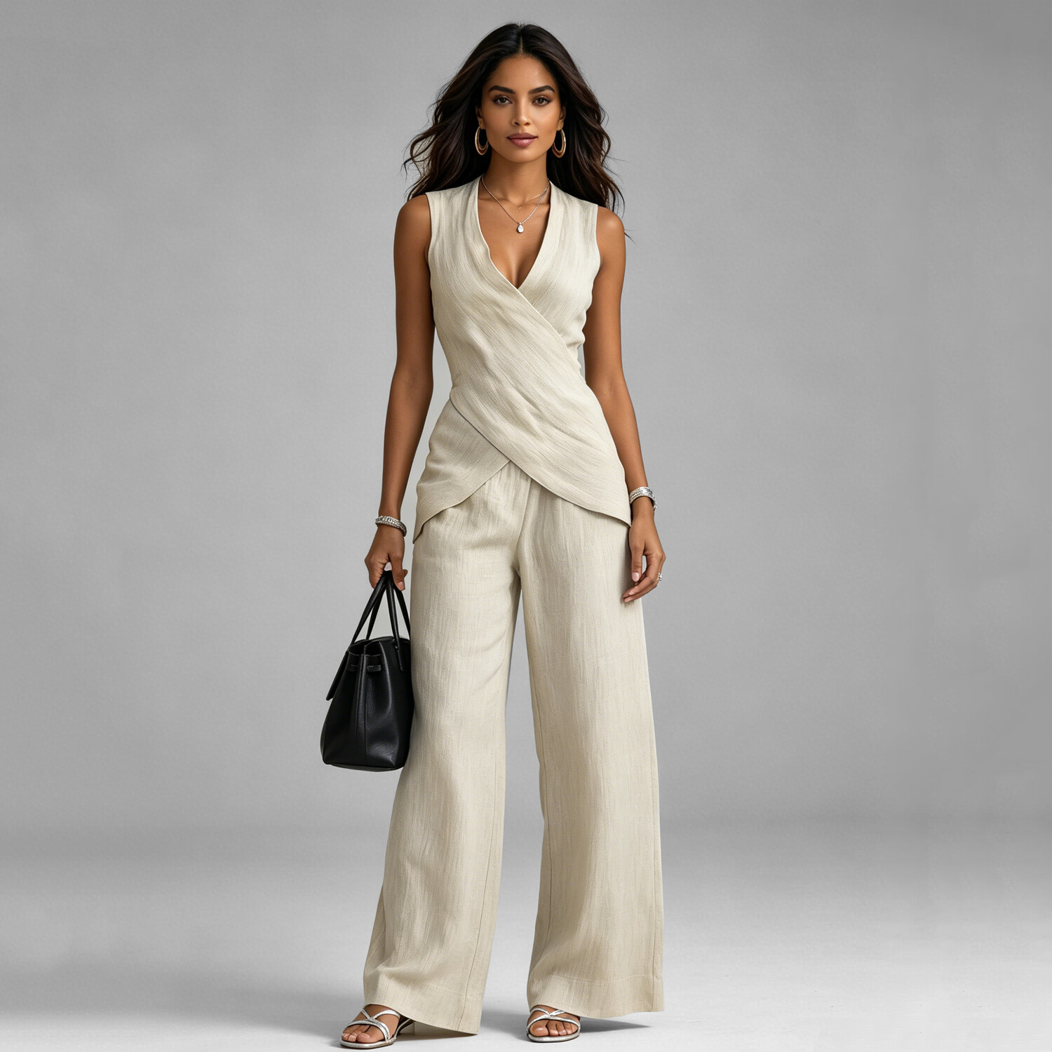 Women's Casual Solid Color Cross V Neck Wrap Asymmetric Hem Tank Top Wide Leg Pants 2Pcs Set