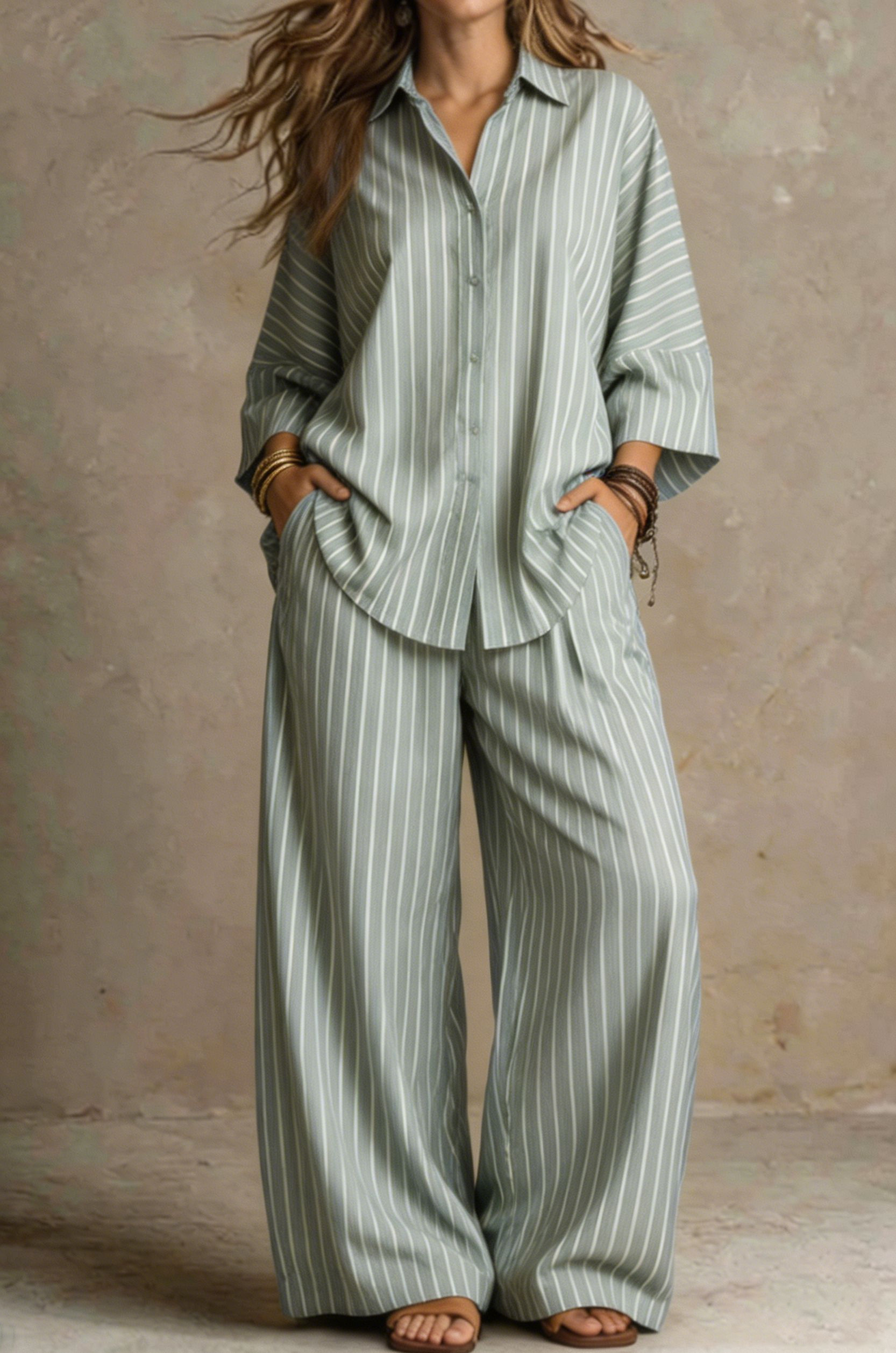 Women Relaxed Stripe Resort Two-Piece Set