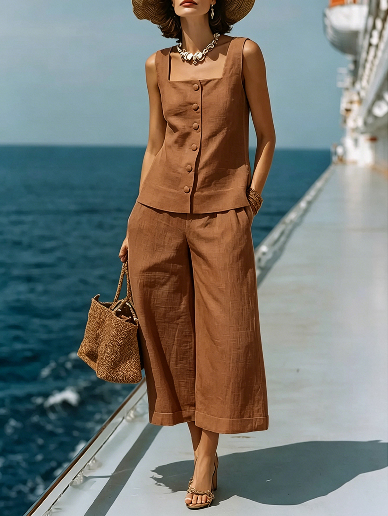 Classic White Cotton-linen Square-neck Top And Capri Pants Set