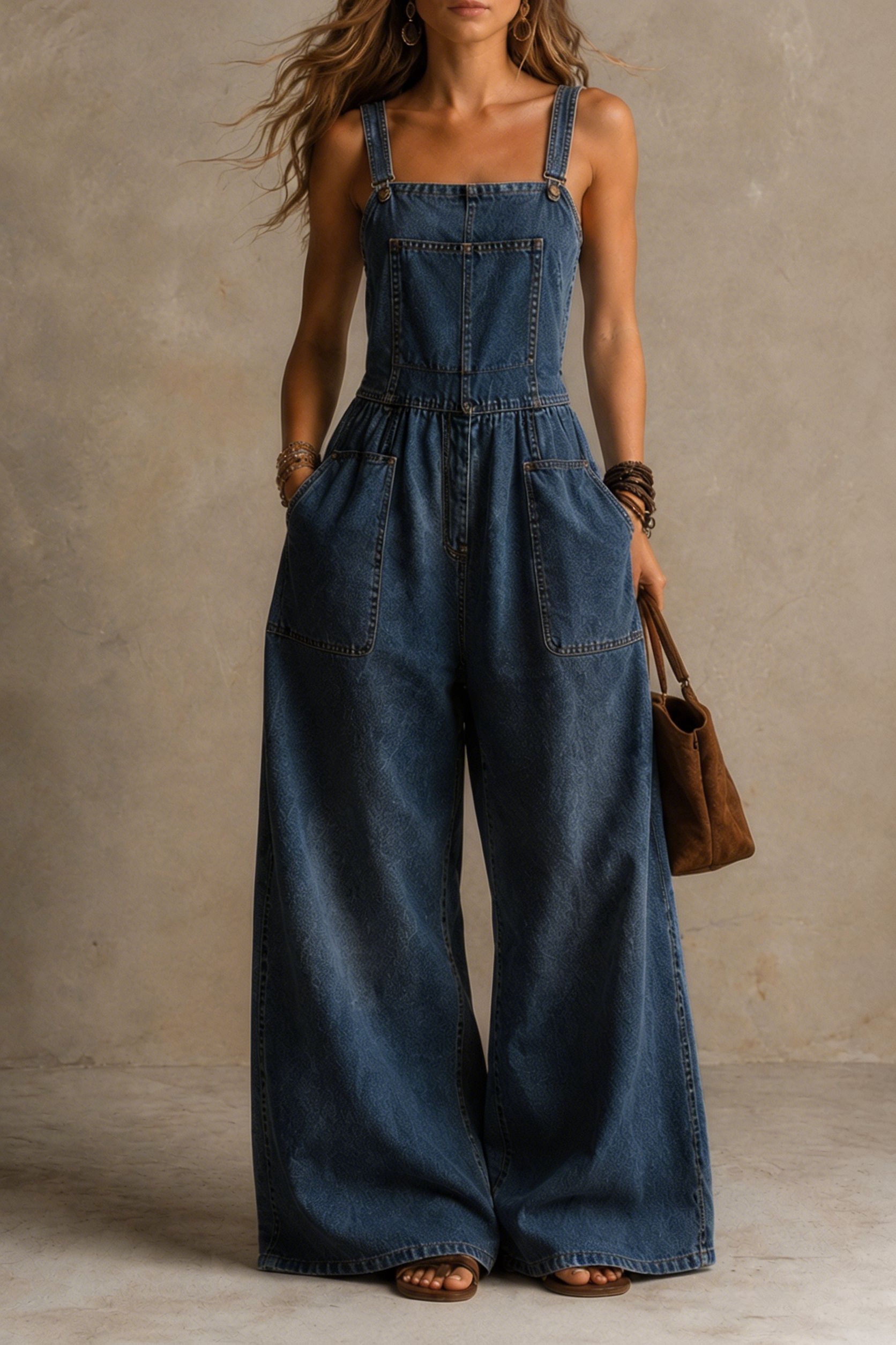 Women Vintage Denim Wide-Leg Jumpsuit
