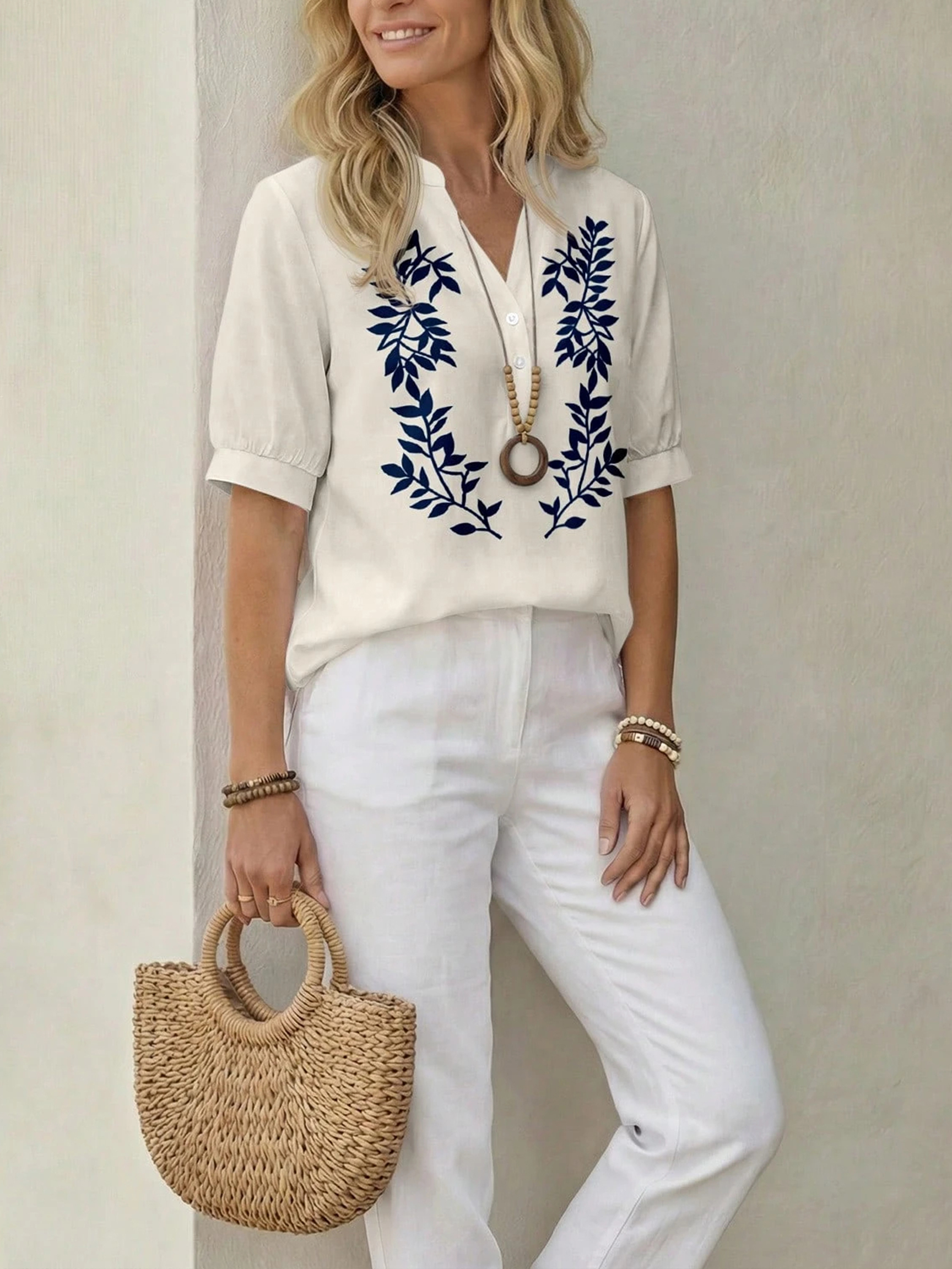 Women Botanical Print Puff Sleeve Blouse