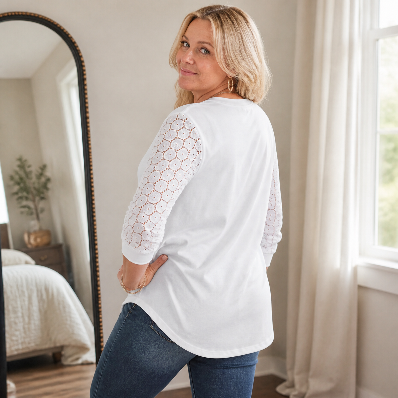  Crochet Lace Sleeve V-Neck Top